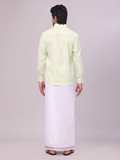 Men's Pastel Green Shirt with Matching jacquard Weave Border Dhoti Combo Marsh back pose