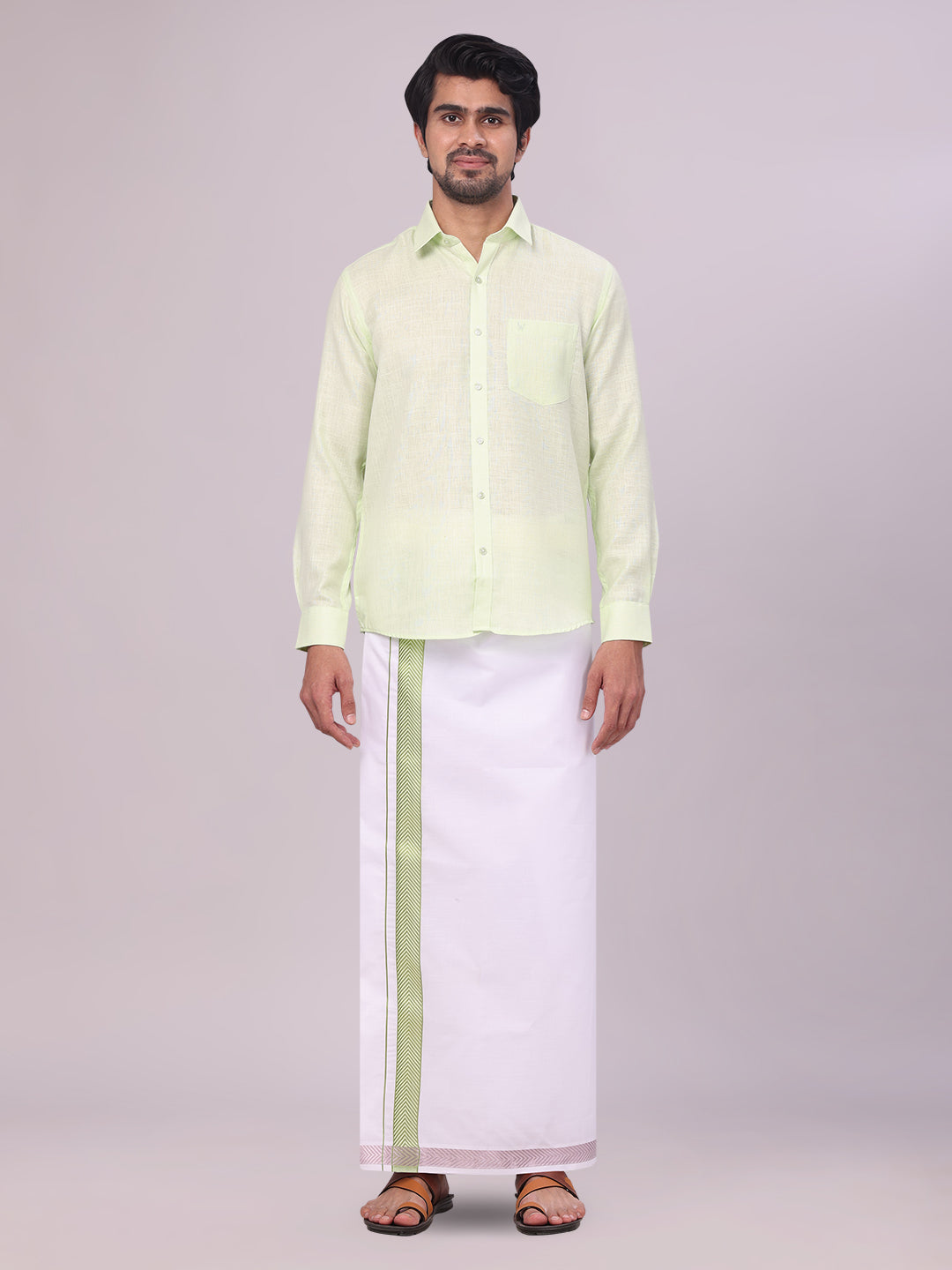 Mens Pastel Green Shirt with Matching jacquard Weave Border Dhoti Combo Marsh