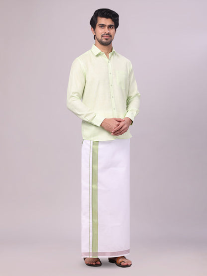 Men's Pastel Green Shirt with Matching jacquard Weave Border Dhoti Combo Marsh side pose