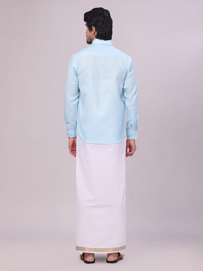 Men's Light Blue Shirt with Matching jacquard Weave Border Dhoti Combo Marsh back pose