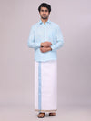 Mens Light Blue Shirt with Matching jacquard Weave Border Dhoti Combo Marsh