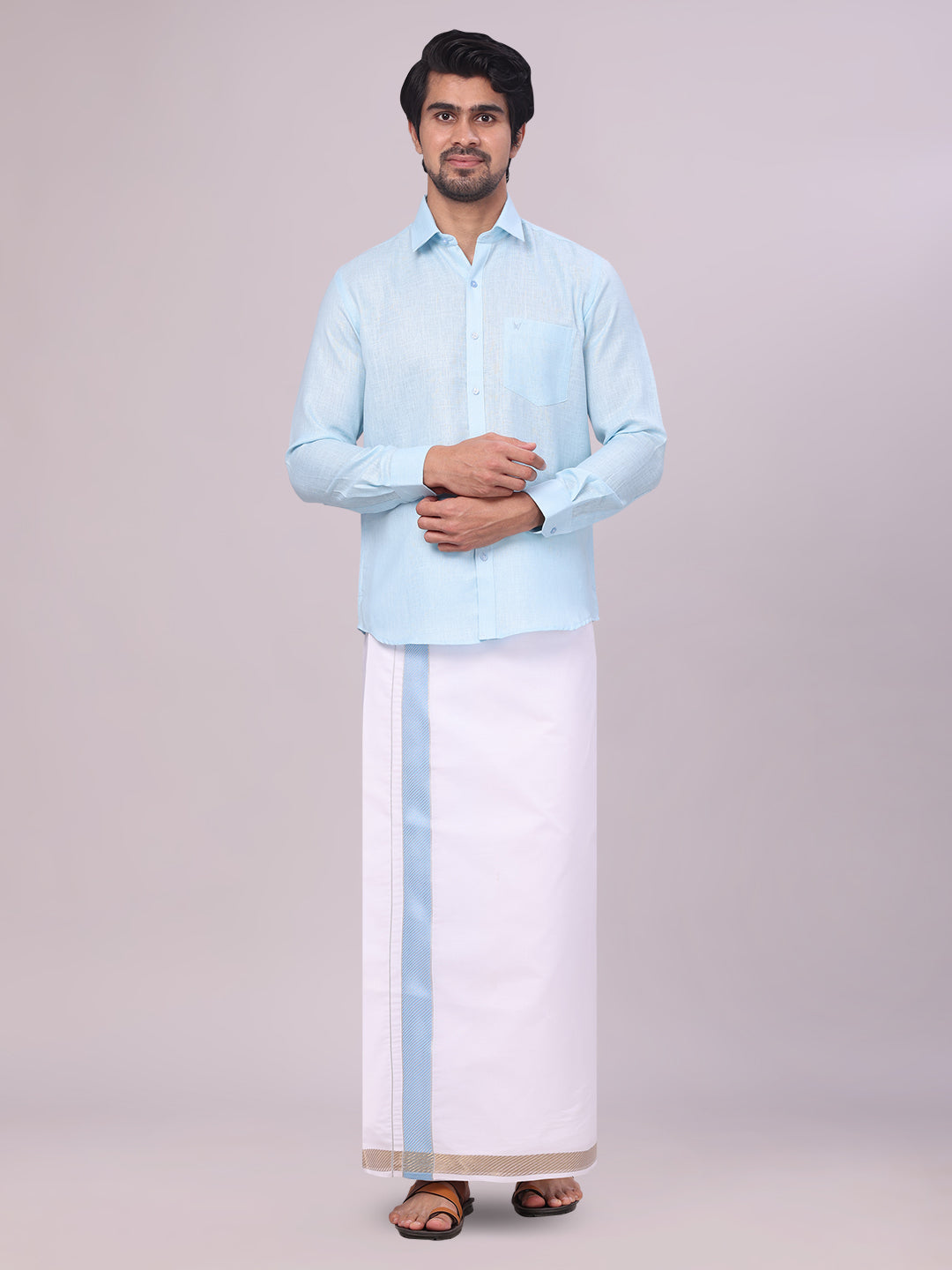 Men's Light Blue Shirt with Matching jacquard Weave Border Dhoti Combo Marsh