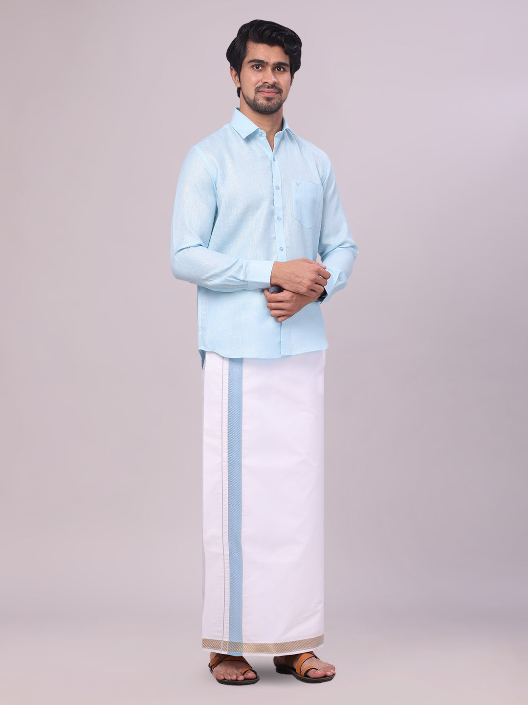 Men's Light Blue Shirt with Matching jacquard Weave Border Dhoti Combo Marsh side pose