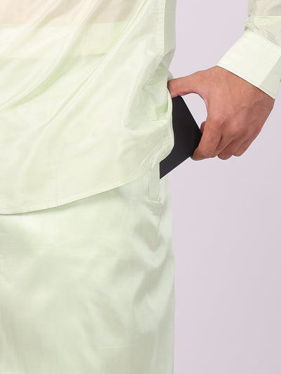 Mens Art Silk Pista Green Full Sleeves Shirt with Gold Jari Border Flexi Dhoti Combo Finesse