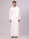 Mens Art Silk Half White Full Sleeves Shirt with Sliver Jari Border Dhoti & Towel Combo Blush
