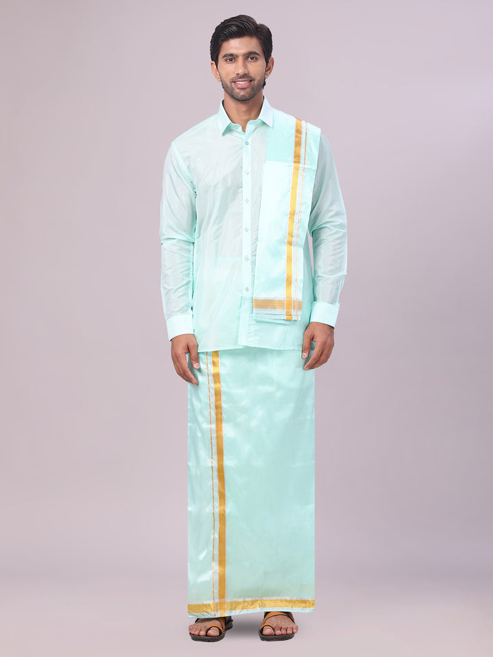 Mens Art Silk Mint Leaf Green Full Sleeves Shirt with Gold Jari Border Dhoti & Towel Combo Blush