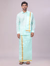Mens Art Silk Mint Leaf Green Full Sleeves Shirt with Gold Jari Border Dhoti & Towel Combo Blush