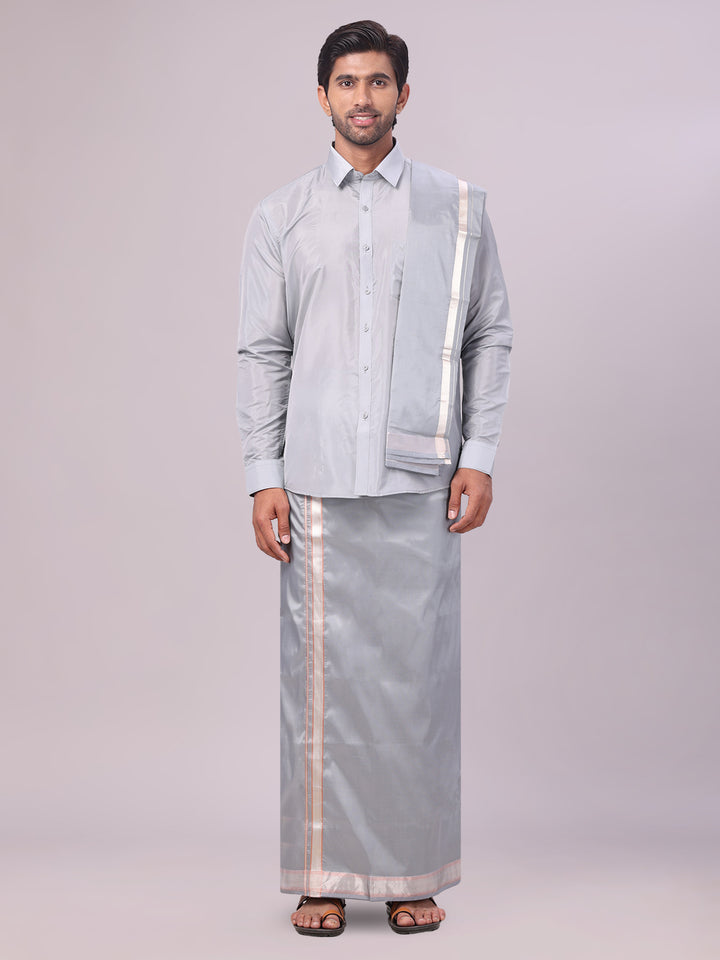 Mens Art Silk Steel Grey Full Sleeves Shirt with Gold Jari Border Dhoti & Towel Combo Blush