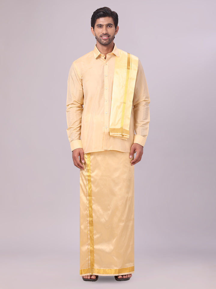 Mens Art Silk Medium Gold Full Sleeves Shirt with Gold Jari Border Dhoti & Towel Combo Blush