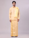 Mens Art Silk Medium Gold Full Sleeves Shirt with Gold Jari Border Dhoti & Towel Combo Blush