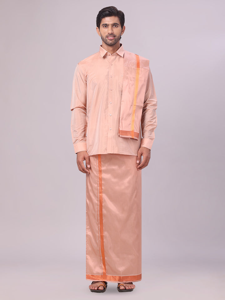 Mens Art Silk Dark Copper Full Sleeves Shirt with Gold Jari Border Dhoti & Towel Combo Blush