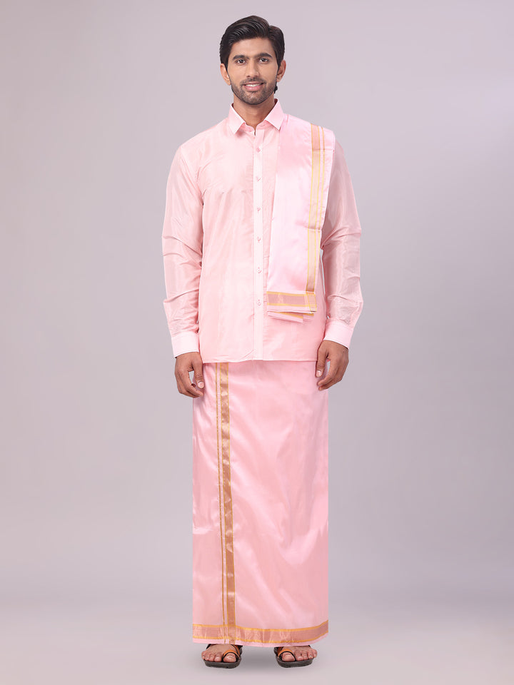 Mens Art Silk Pink Full Sleeves Shirt with Gold Jari Border Flexi Dhoti & Towel Combo Blush