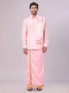 Mens Art Silk Pink Full Sleeves Shirt with Gold Jari Border Flexi Dhoti & Towel Combo Blush