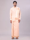 Mens Art Silk Light Peach Full Sleeves Shirt with Gold Jari Border Dhoti & Towel Combo Blush