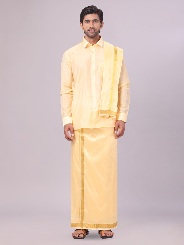 Mens Art Silk Light Gold Full Sleeves Shirt with Gold Jari Border Dhoti & Towel Combo Blush