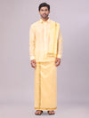 Mens Art Silk Light Gold Full Sleeves Shirt with Gold Jari Border Dhoti & Towel Combo Blush