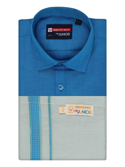 Kids Cotton Blue Shirt with Tissue Matching Border Dhoti Combo