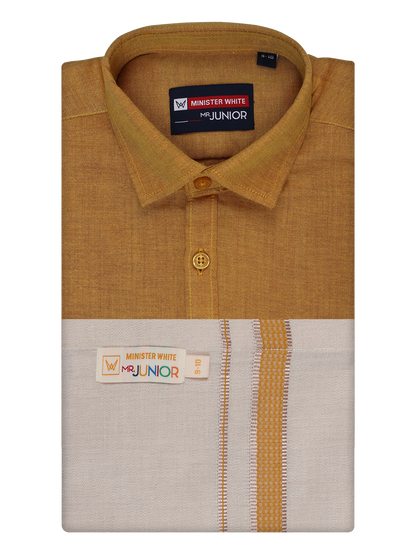 Kids Cotton Mustard Shirt with Tissue Matching Border Dhoti Combo