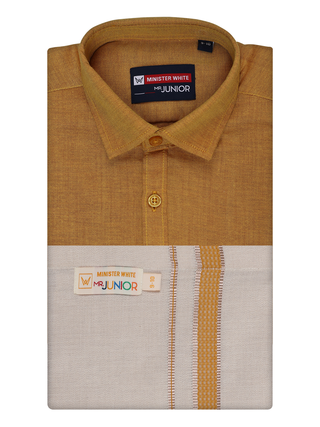 Kids Cotton Mustard Shirt with Tissue Matching Border Dhoti Combo