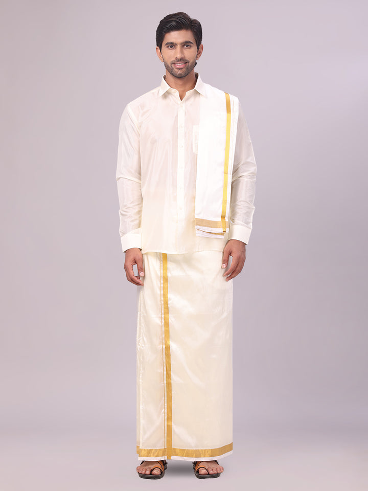 Mens Art Silk Cream Full Sleeves Shirt with 70K Gold Jari Border Flexi Dhoti & Towel Combo Blush