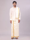 Mens Art Silk Cream Full Sleeves Shirt with 70K Gold Jari Border Flexi Dhoti & Towel Combo Blush