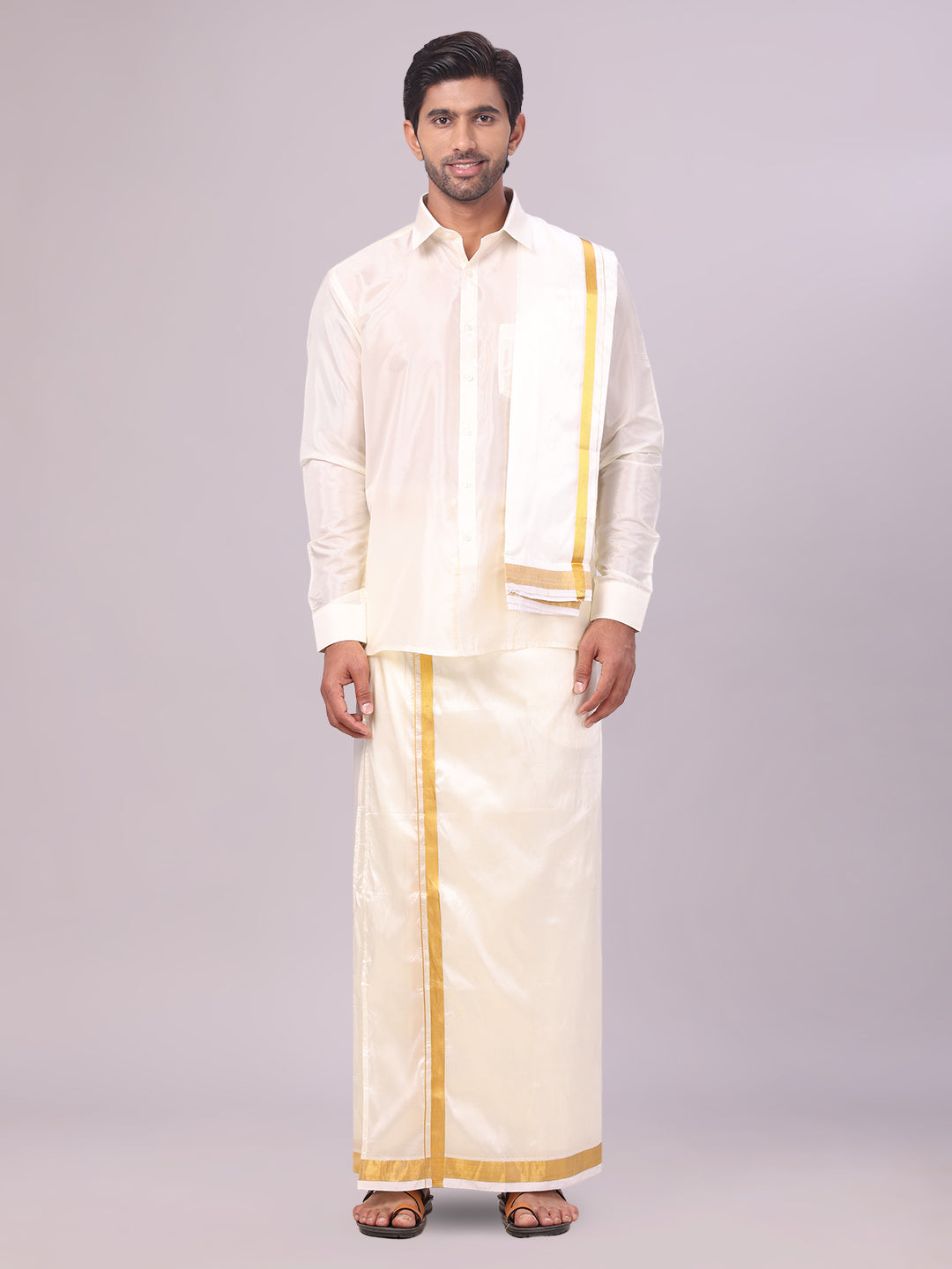 Mens Art Silk Cream Full Sleeves Shirt with 50K Gold Jari Border Dhoti & Towel Combo Blush