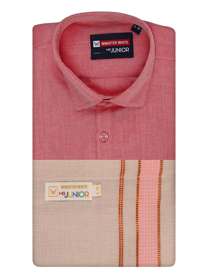 Kids Cotton Pink Shirt with Tissue Matching Border Dhoti Combo