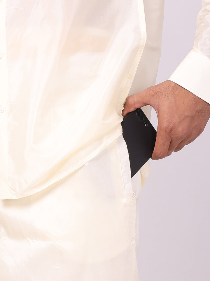 Mens Art Silk Cream Full Sleeves Shirt with 100K Gold Jari Border Flexi Dhoti & Towel Combo Blush