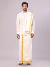 Mens Art Silk Cream Full Sleeves Shirt with 100K Gold Jari Border Flexi Dhoti & Towel Combo Blush