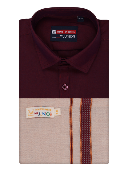 Kids Cotton Maroon Shirt with Tissue Matching Border Dhoti Combo