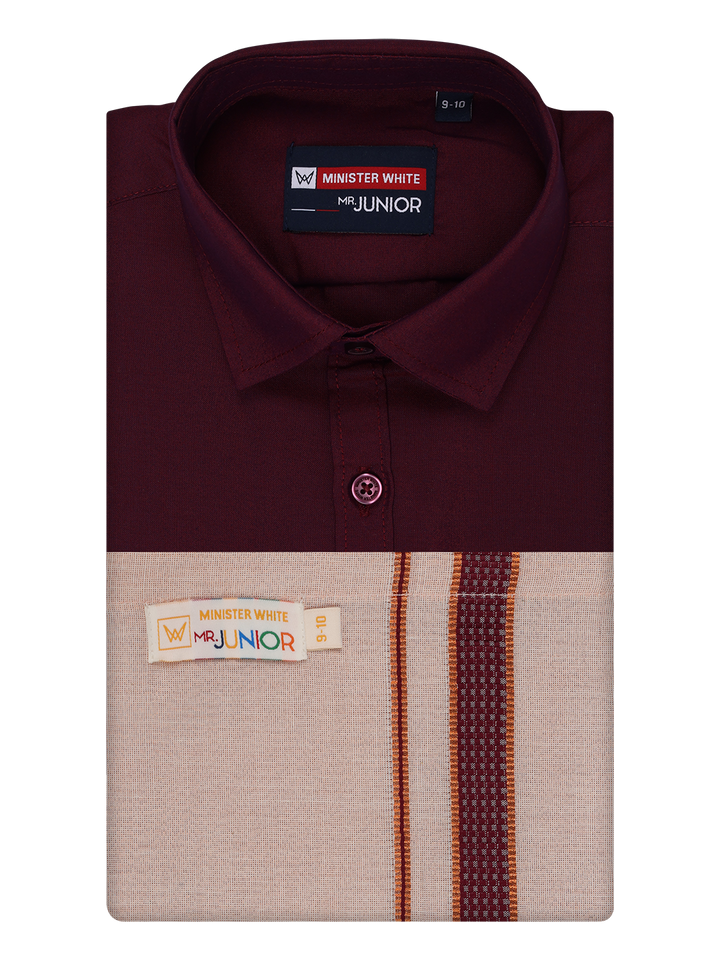 Kids Cotton Maroon Shirt with Tissue Matching Border Dhoti Combo