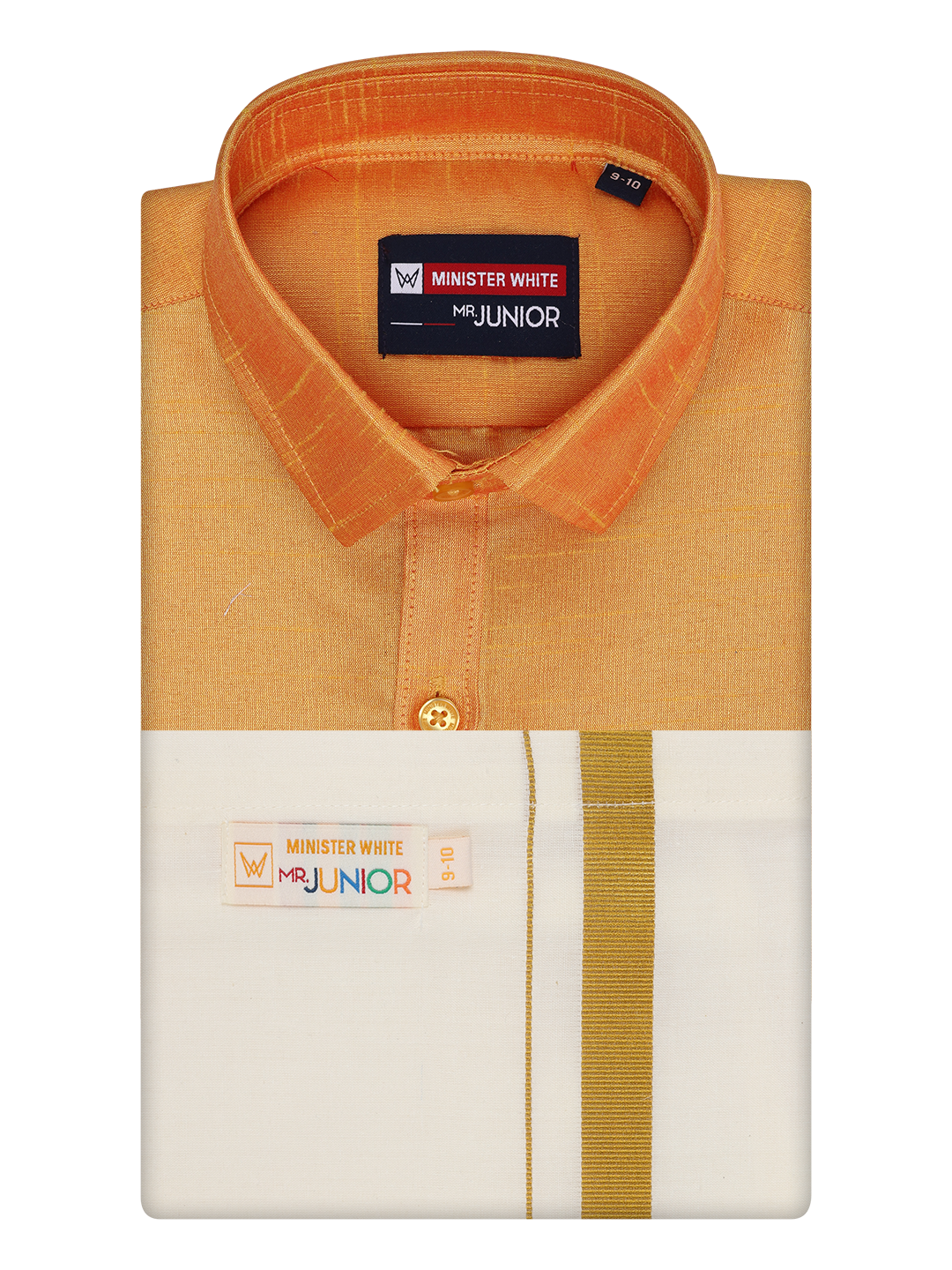 Boys Orange Color Half Sleeves Shirt with Gold Jari Flexi Dhoti Adorable Boy by Minister White