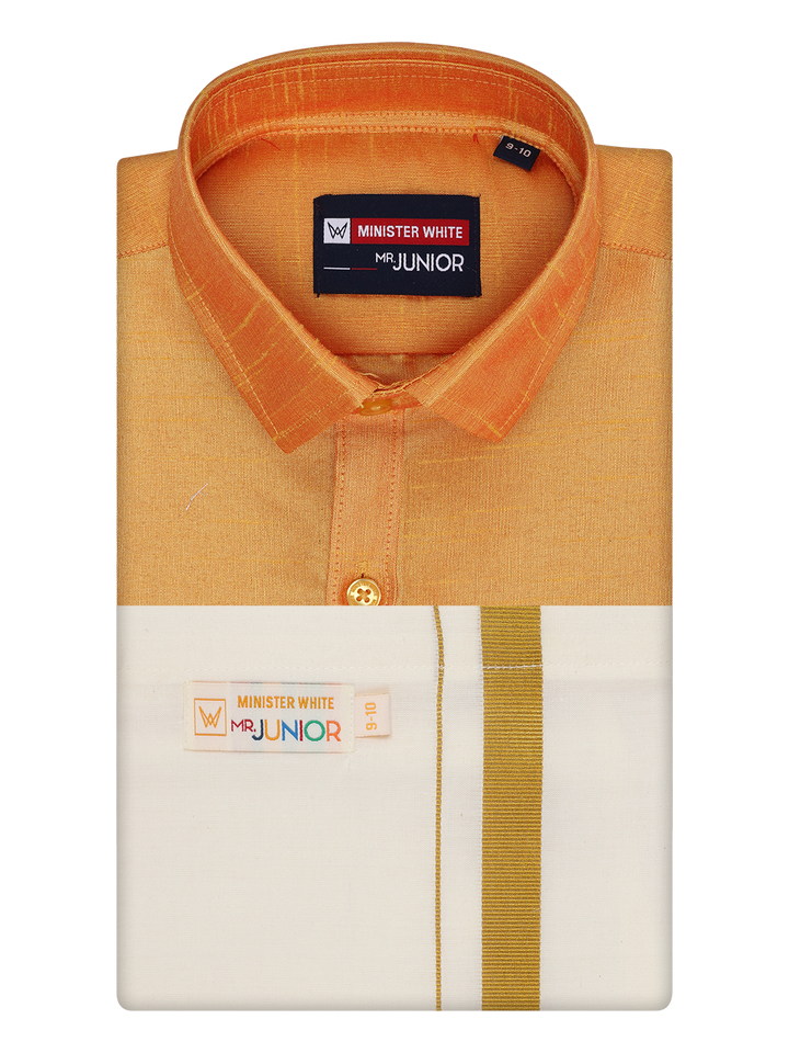Boys Orange Color Half Sleeves Shirt with Gold Jari Flexi Dhoti Adorable Boy by Minister White