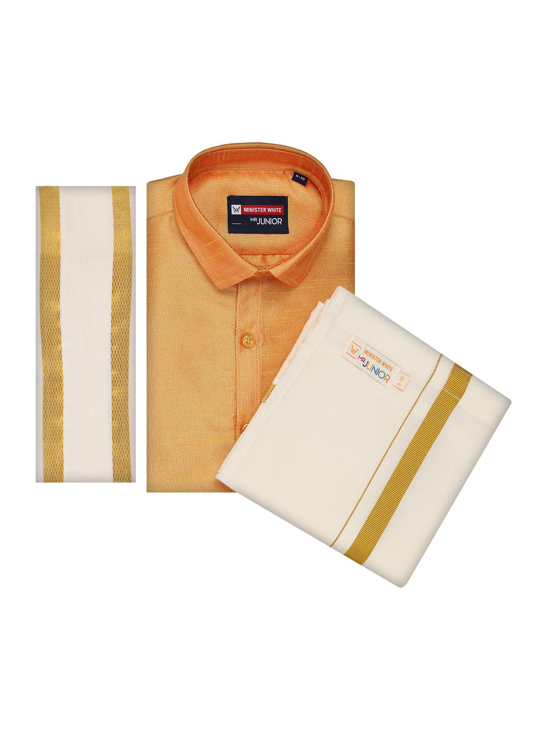 Boys Orange Color Half Sleeves Shirt with Gold Jari Flexi Dhoti Adorable Boy by Minister White