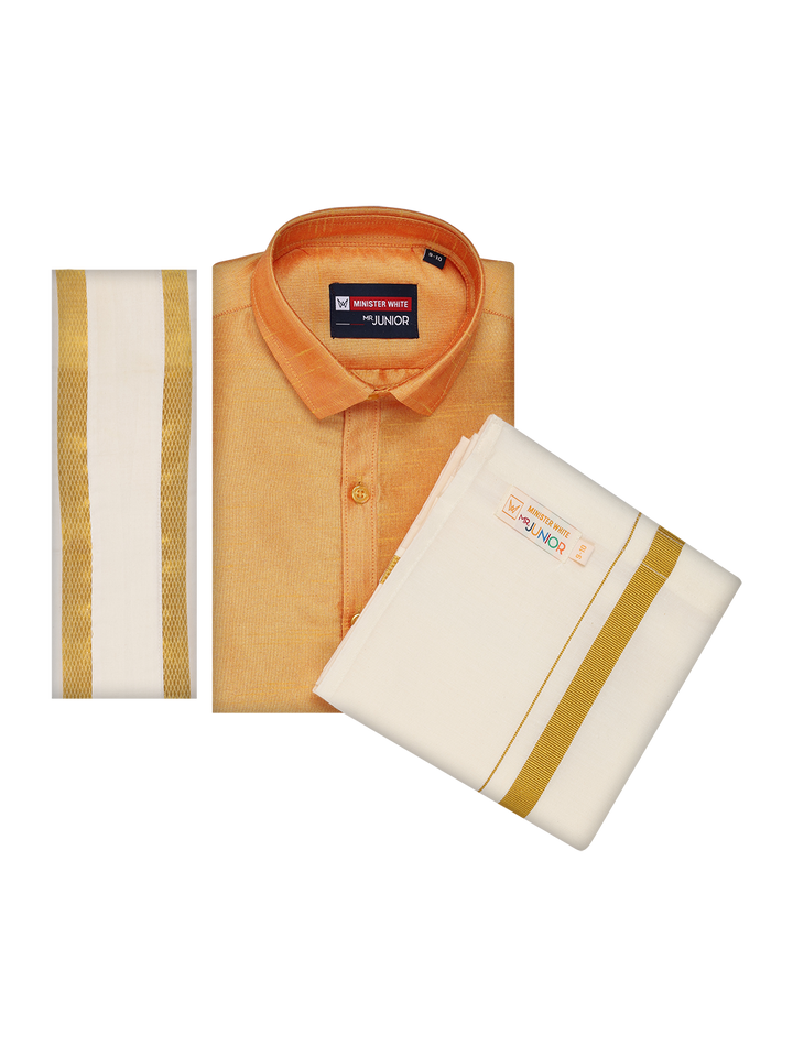 Boys Orange Color Half Sleeves Shirt with Gold Jari Flexi Dhoti Adorable Boy by Minister White