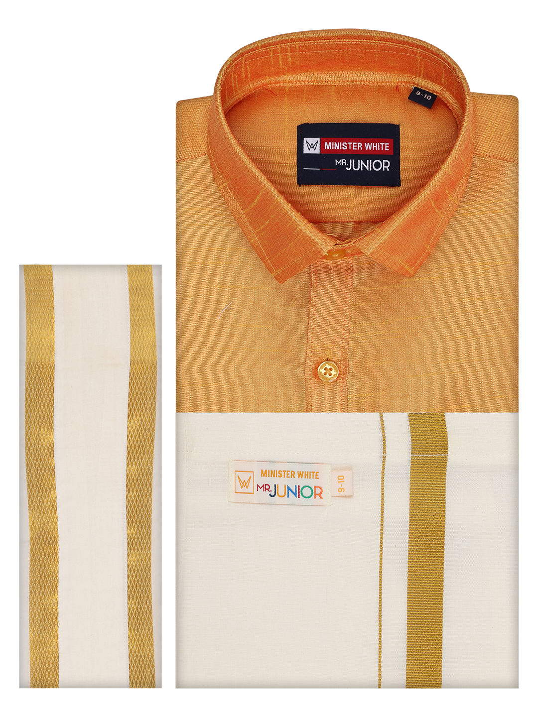 Boys Orange Color Half Sleeves Shirt with Gold Jari Flexi Dhoti Adorable Boy by Minister White