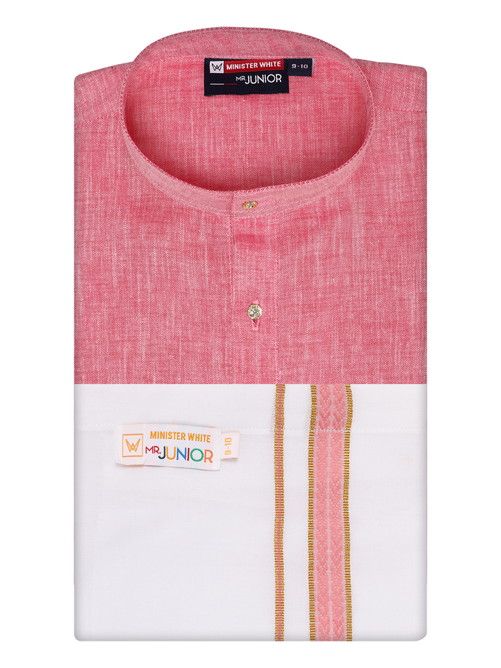 Boys Cotton Pink Kurta with Matching Border Dhoti Combo Honest Boy by Minister White