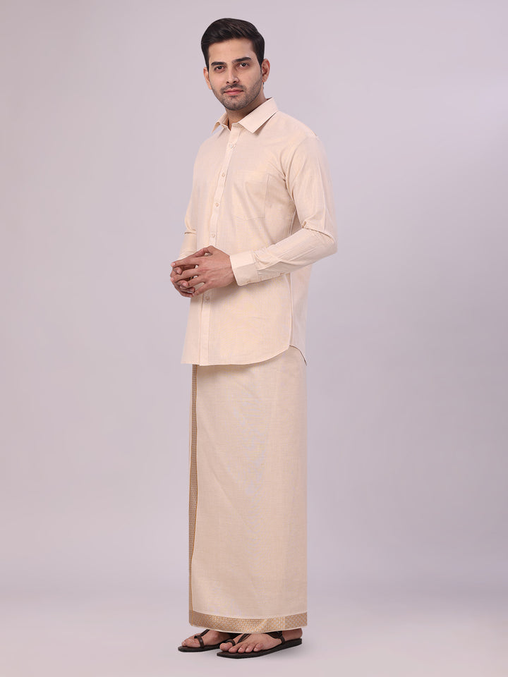 Men's Gold Tissue Shirt and Dhoti Set with Intricate Jacquard Border Plum side pose