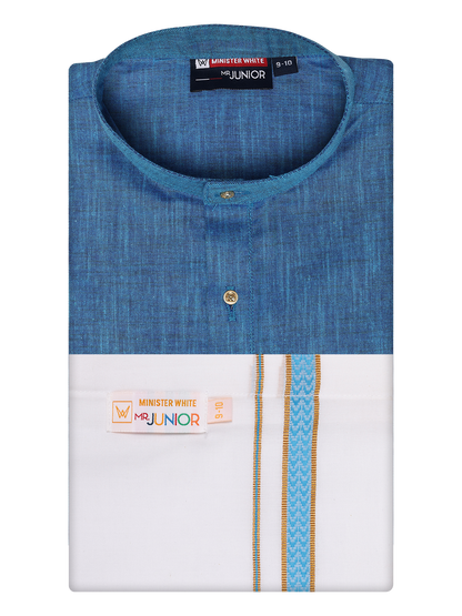 Boys Cotton Blue Kurta with Matching Border Dhoti Combo Honest Boy by Minister White