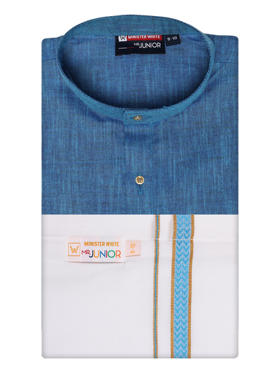 Boys Cotton Blue Kurta with Matching Border Dhoti Combo Honest Boy by Minister White