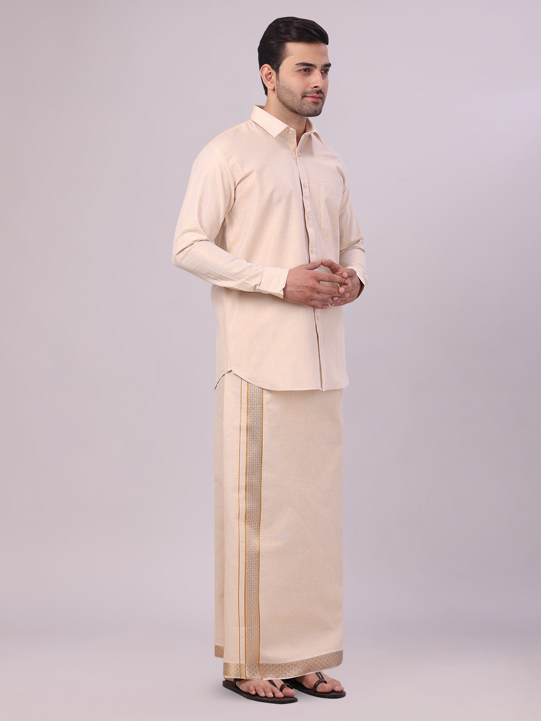 Men's Gold Tissue Shirt and Dhoti Set with Intricate Jacquard Border Plum