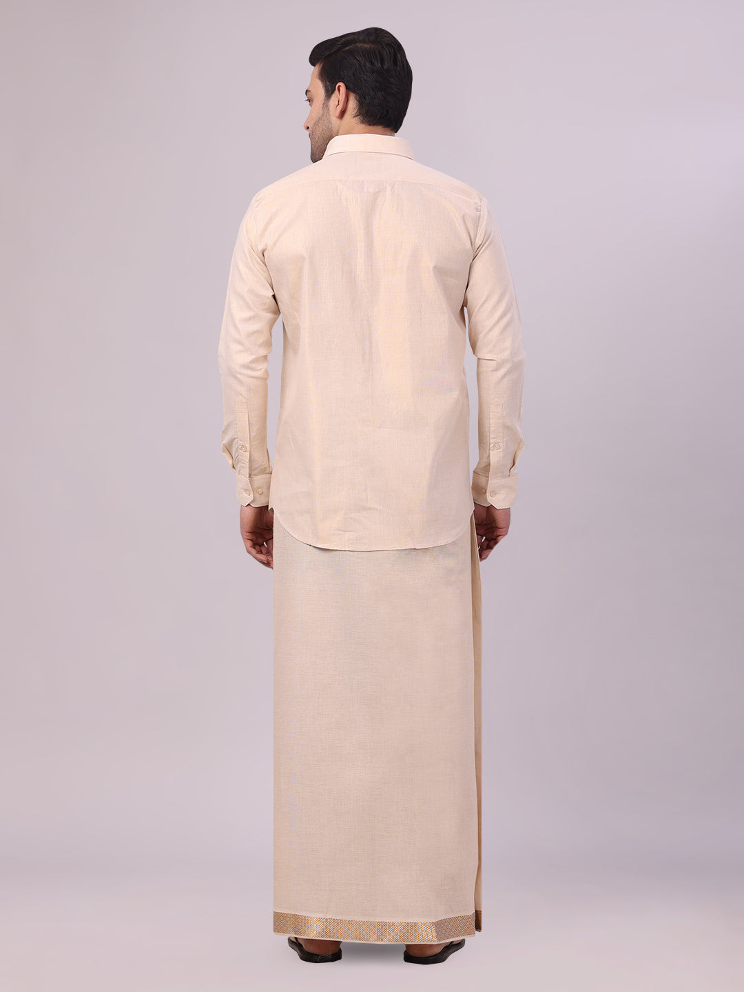 Men's Gold Tissue Shirt and Dhoti Set with Intricate Jacquard Border Plum back pose