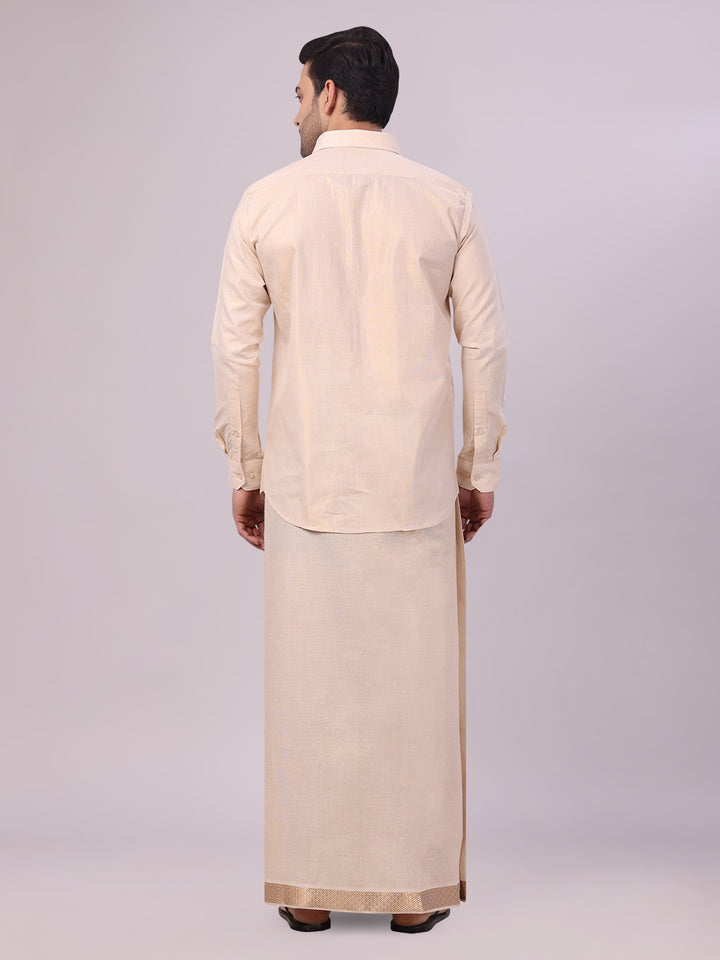 Men's Gold Tissue Shirt and Dhoti Set with Intricate Jacquard Border Plum back pose