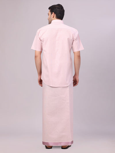 Men's Rose Tissue Shirt and Dhoti Set with Intricate Jacquard Border Plum back pose