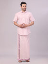 Men's Rose Tissue Shirt and Dhoti Set with Intricate Jacquard Border Plum