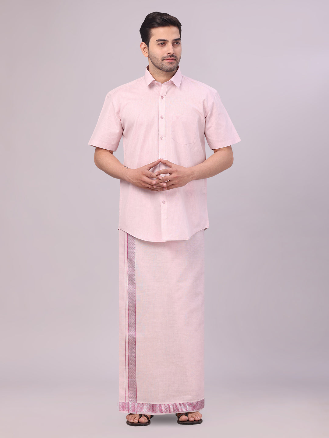 Mens Rose Tissue Shirt and Dhoti Set with Intricate Jacquard Border Plum