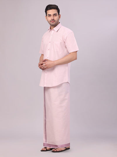 Mens Rose Tissue Shirt and Dhoti Set with Intricate Jacquard Border Plum