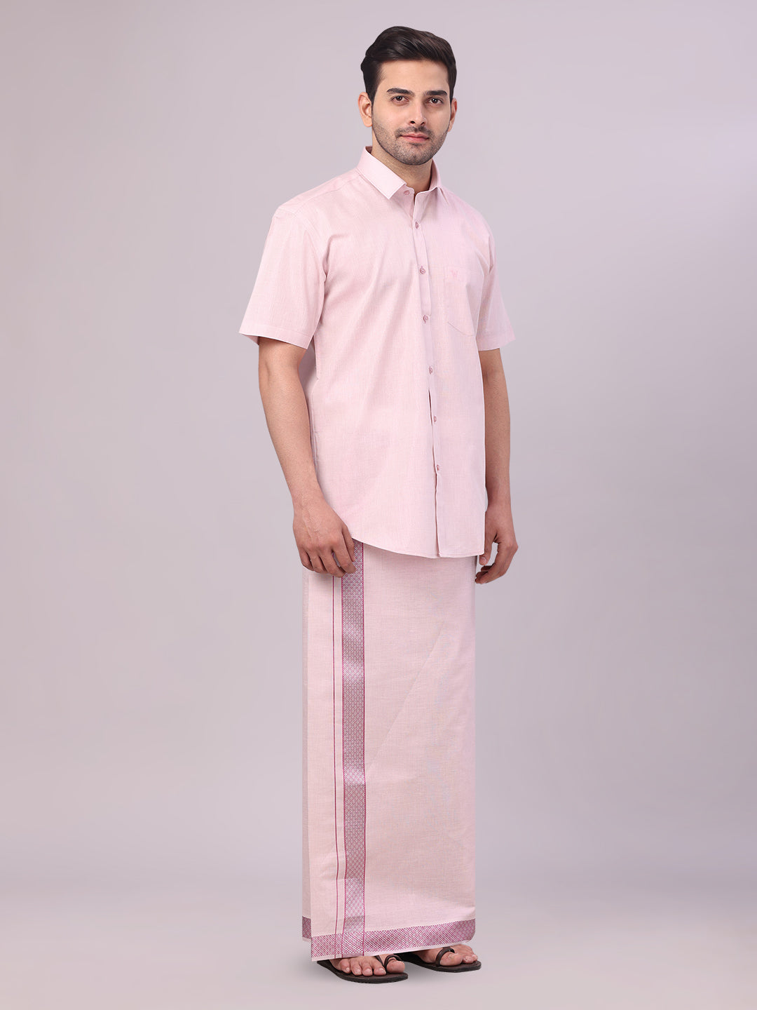 Men's Rose Tissue Shirt and Dhoti Set with Intricate Jacquard Border Plum side pose