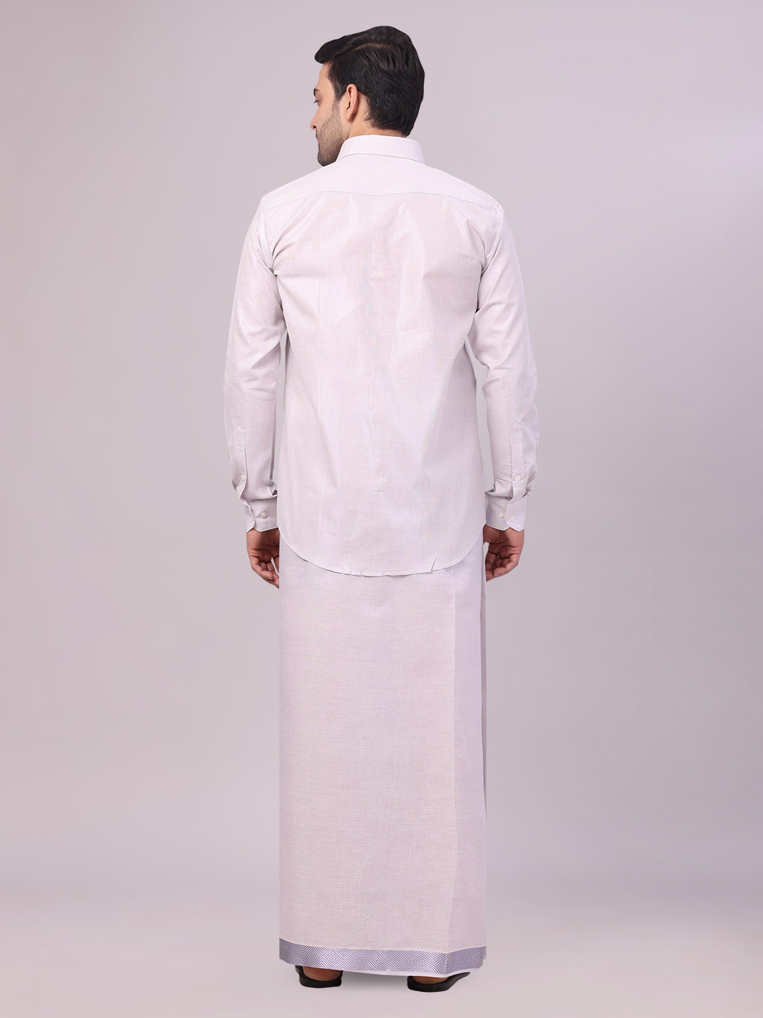 Men's Lavender Tissue Shirt and Dhoti Set with Intricate Jacquard Border Plum back pose