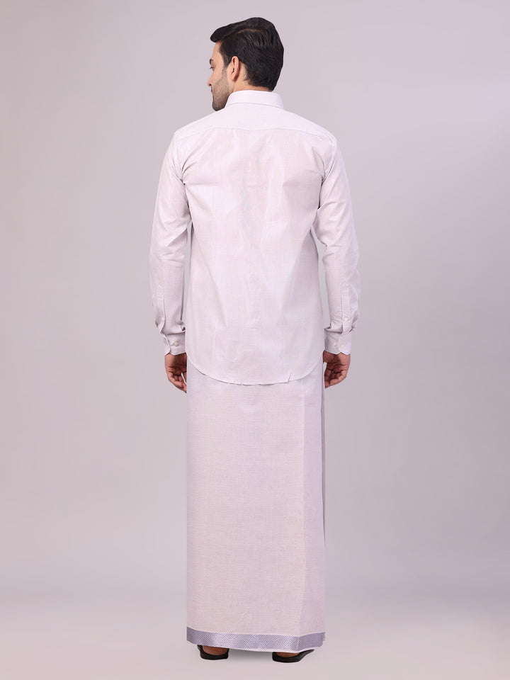 Men's Lavender Tissue Shirt and Dhoti Set with Intricate Jacquard Border Plum back pose